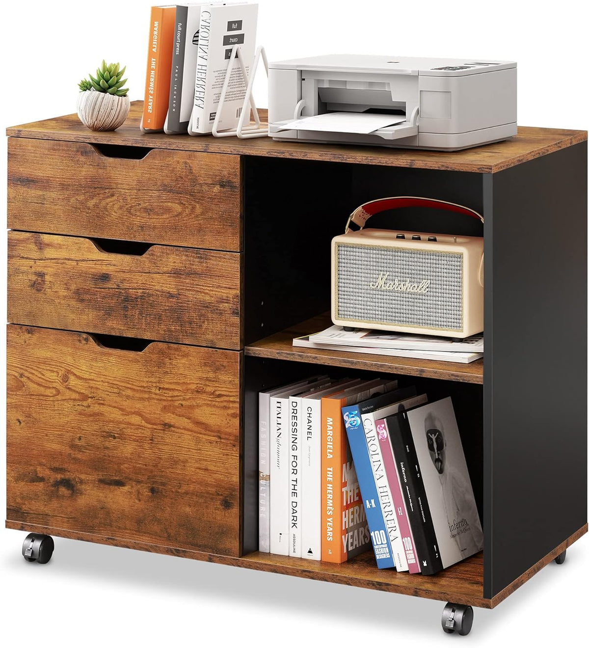 Black 3-Drawer Wood File Cabinet with Open Storage Shelves E907501