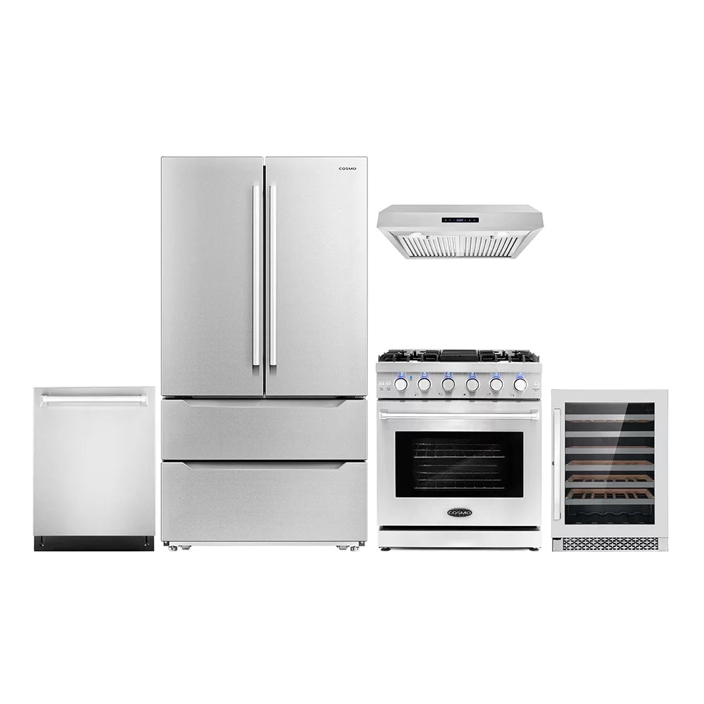 5 Piece Kitchen Appliance Package with Gas Range Dishwasher French Door Refrigerator Wine Refrigerator F134456