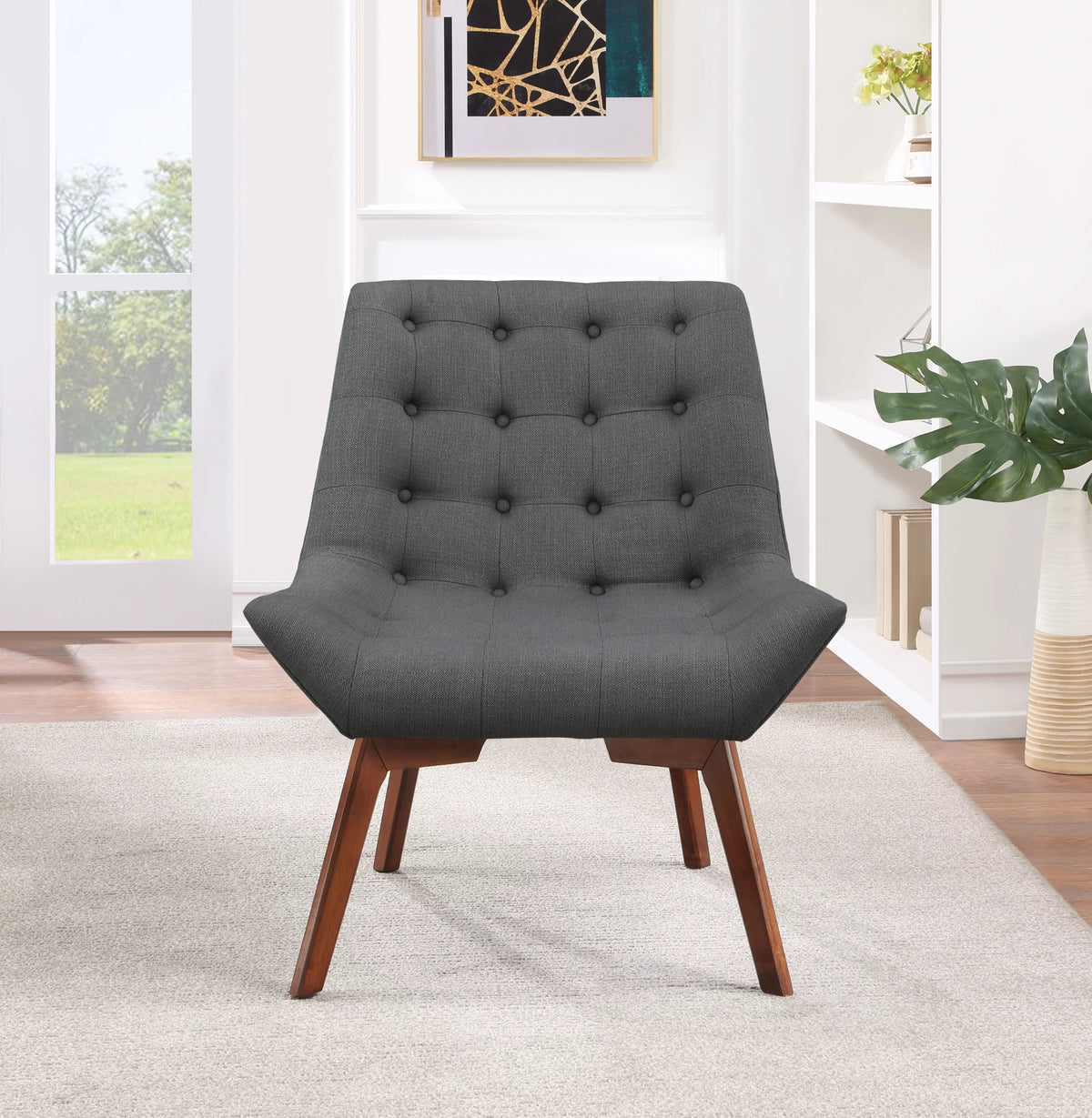 Charcoal Fabric Tufted Chair with Coffee Legs J89076