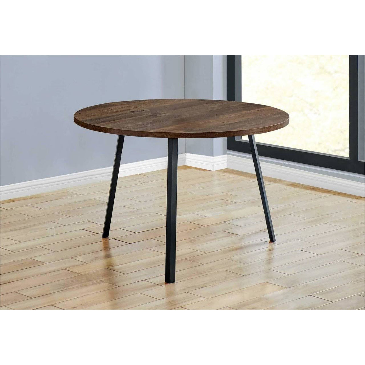 Round Dining Room Table with Brown Reclaimed Wood and Black Metal O335