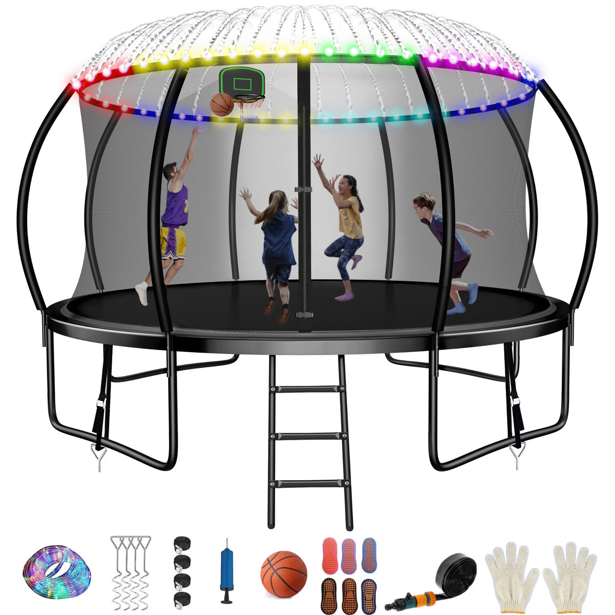 12FT Trampoline with Basketball Hoop, Enclosure Net, Sprinkler, Light, Socks, Ladder W32482