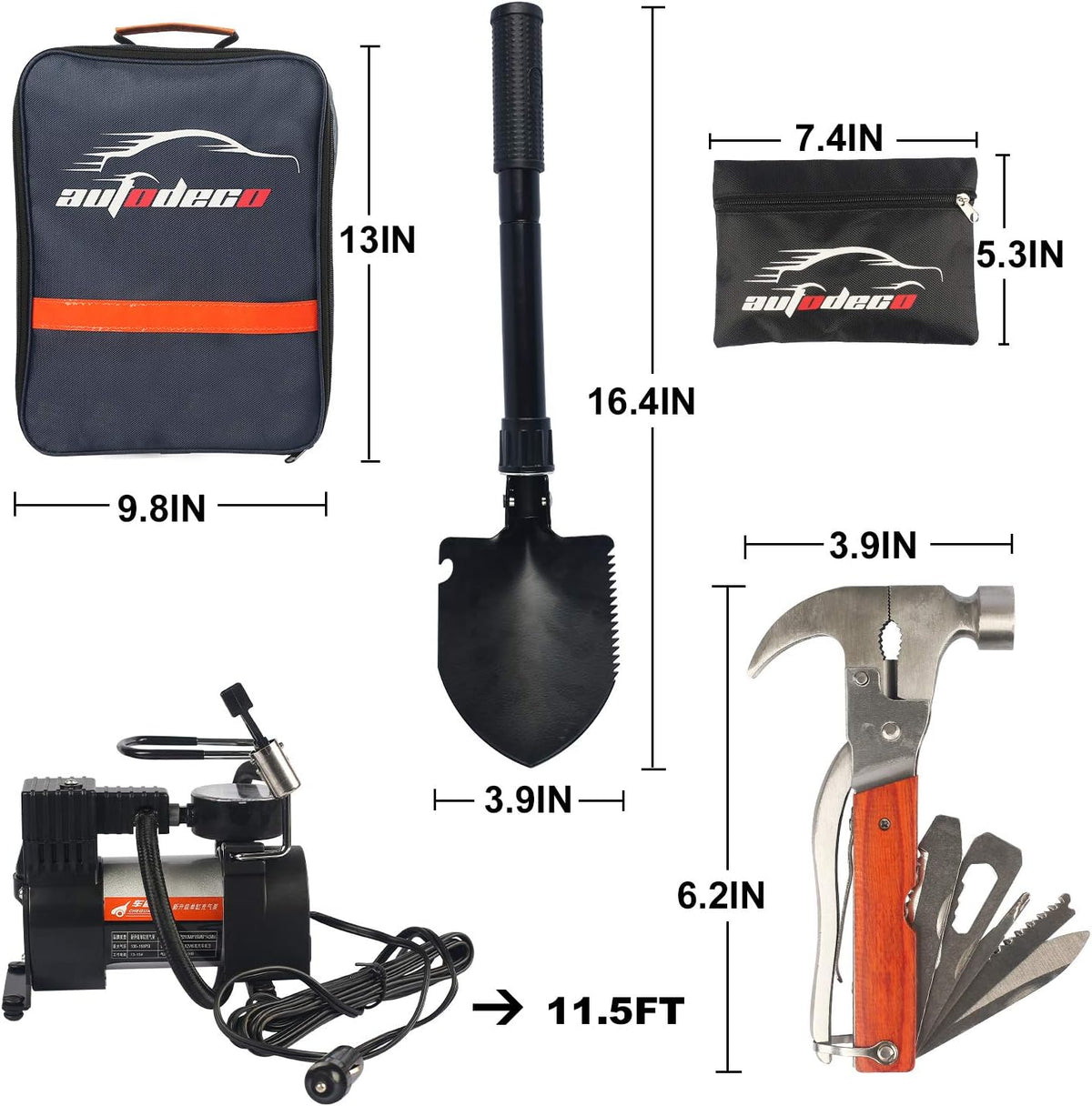 118-Piece Car Roadside Emergency Kit with Jumper Cables Portable Air Compressor Tow Strap Hammer Shovel E23195