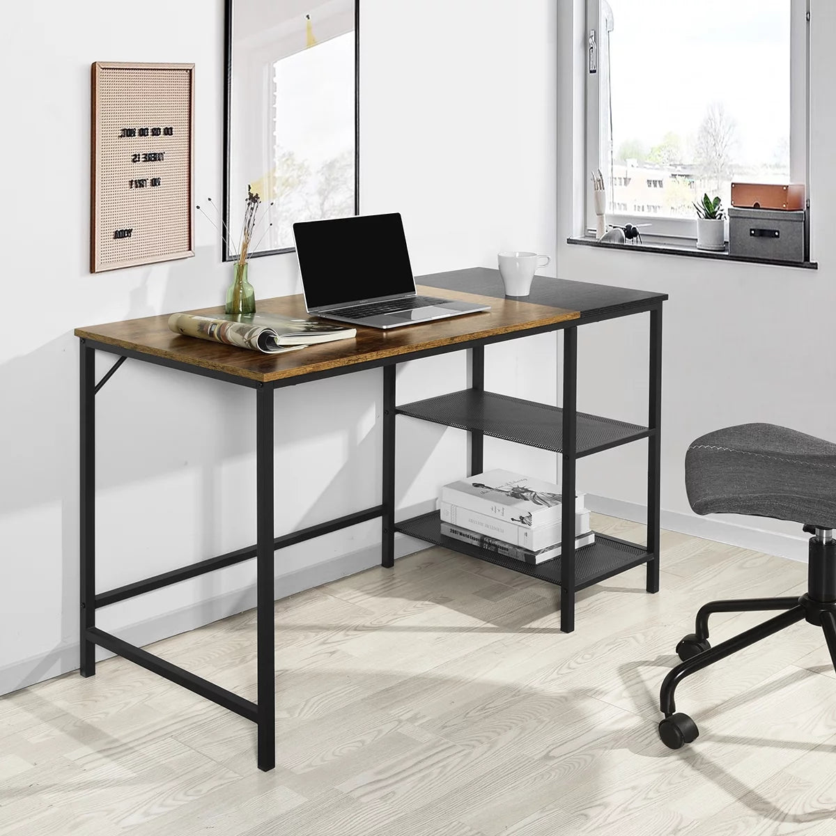 Black Study Desk with 2 Storage Shelves Metal Frame W86643
