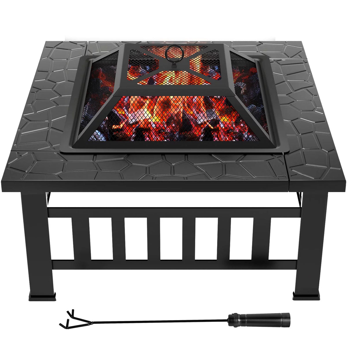 32 Square Metal Fire Pit with Cover and Poker, Black O277
