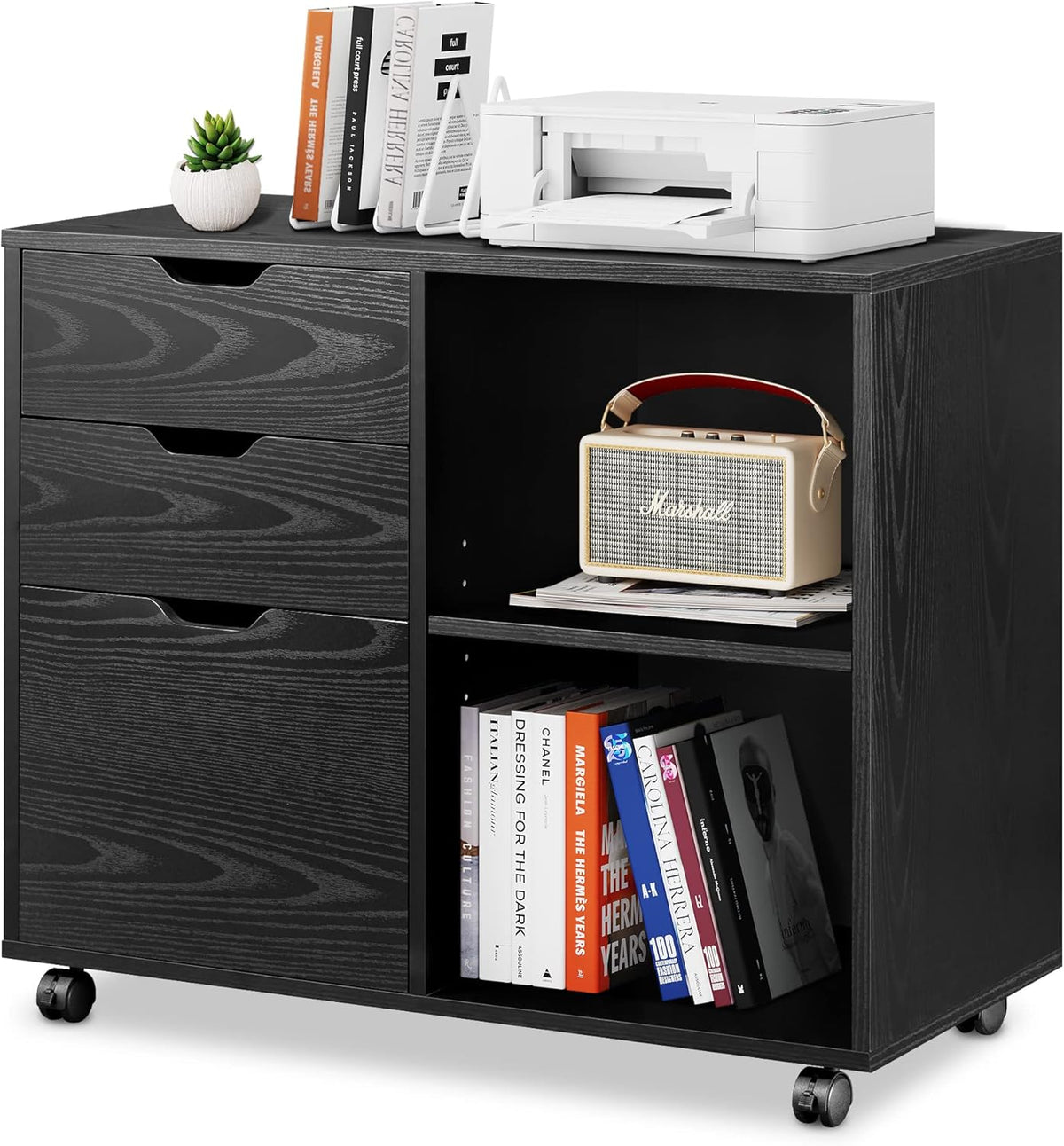 Black 3-Drawer Wood File Cabinet with Open Storage Shelves E907501