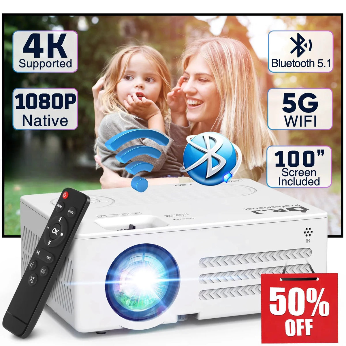 4K 1080P Wifi Bluetooth Projector with 100 Screen L46299