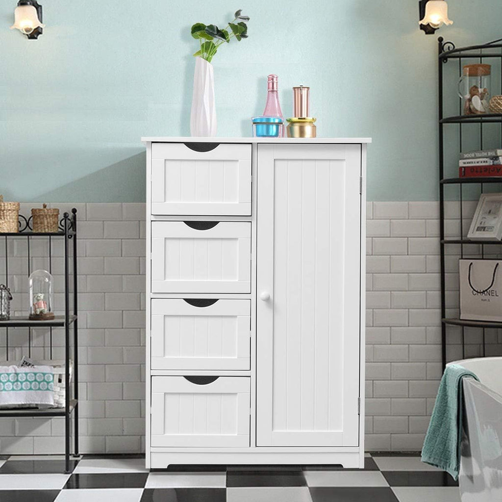 White Wooden Storage Cabinet with 4 Drawers and 1 Door E36775