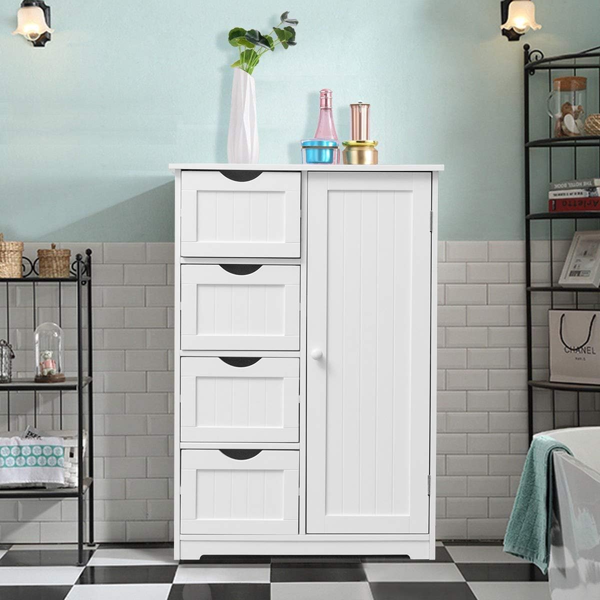 White Wooden Storage Cabinet with 4 Drawers and 1 Door E36775