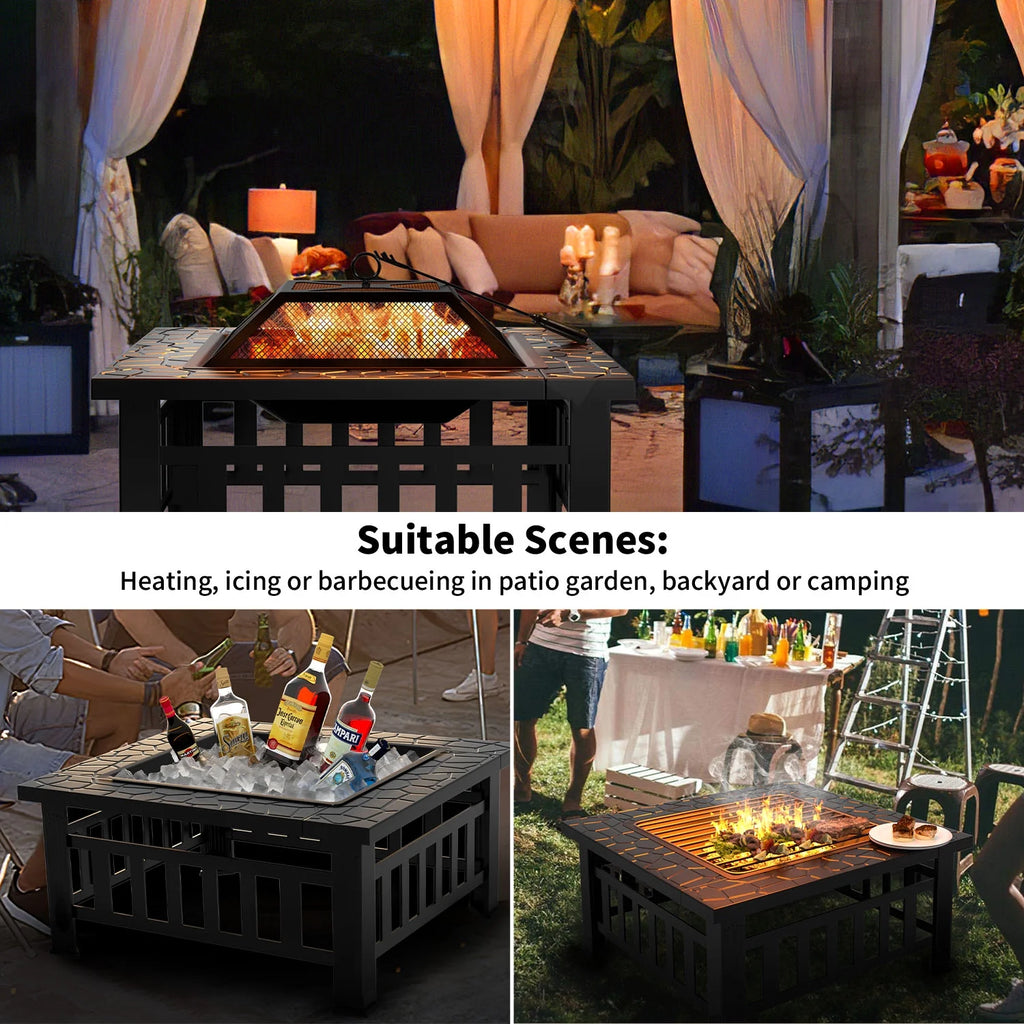 32 Square Metal Fire Pit with Cover and Poker, Black O277