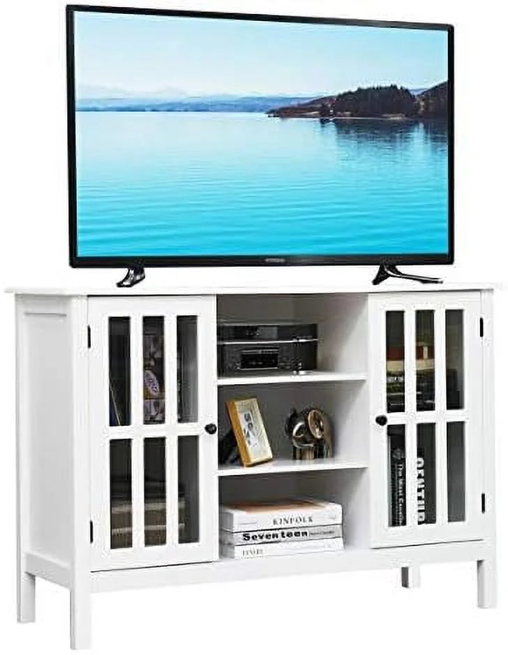White Modern TV Stand up to 50 Inch with 2 Cabinets and 3 Open Shelves X123620