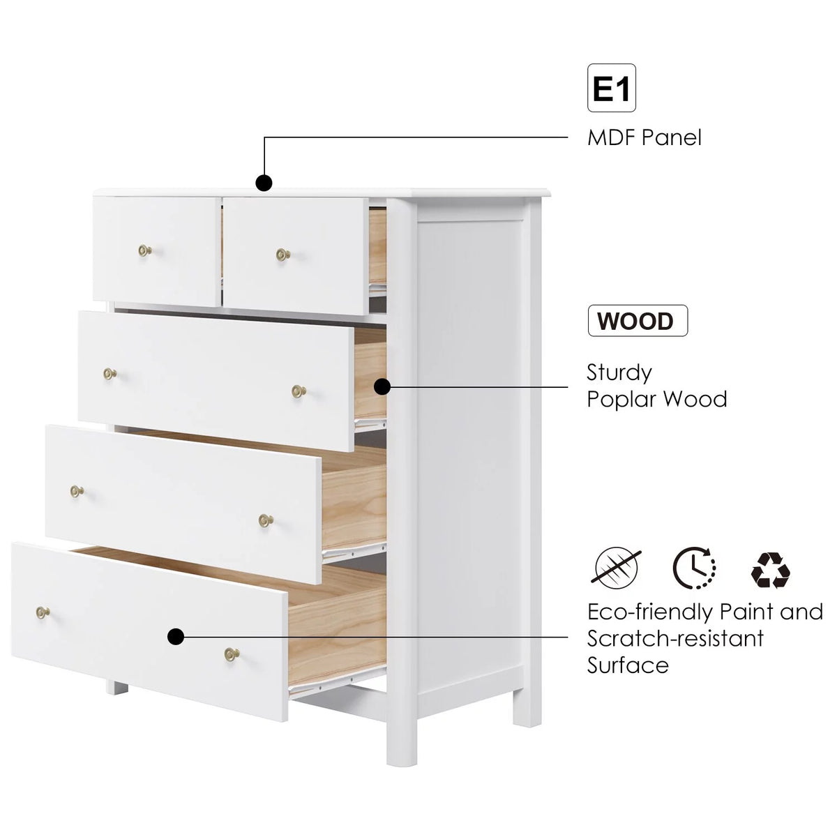 White 5 Drawer Kids Dresser P9337